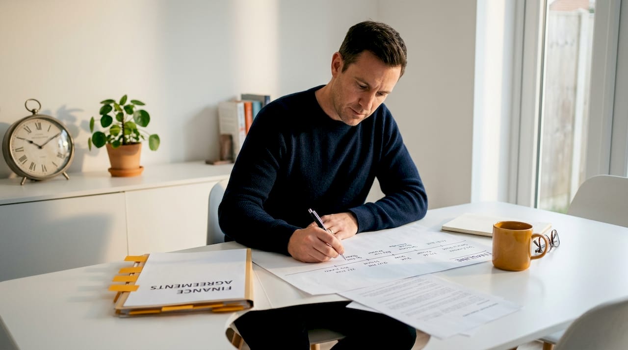 Man writes finance dispute timeline on kitchen counter