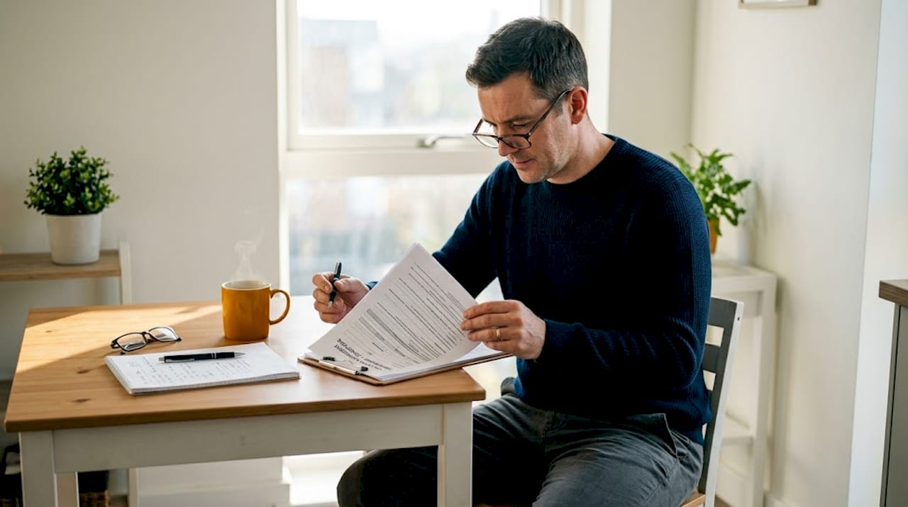Man reviewing PCP car finance papers at kitchen table