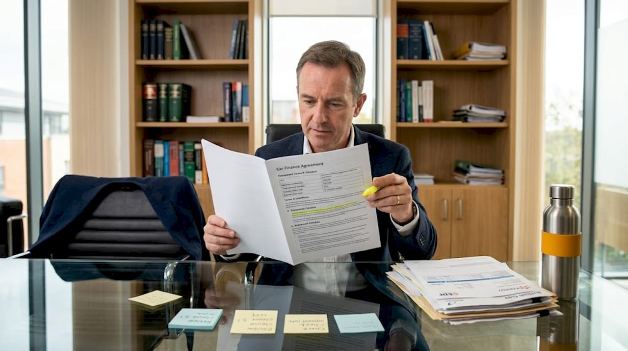 Man highlighting finance contract details in office