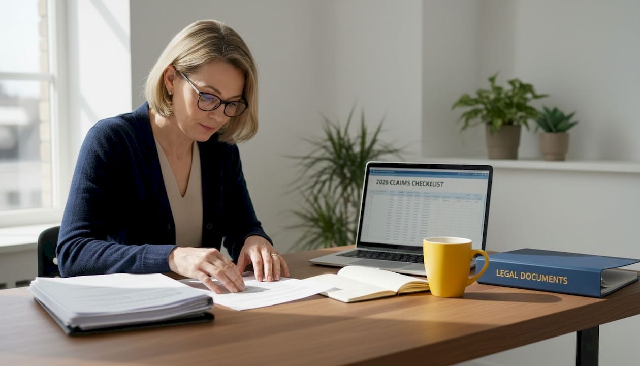 Woman reviewing finance claim papers at home desk