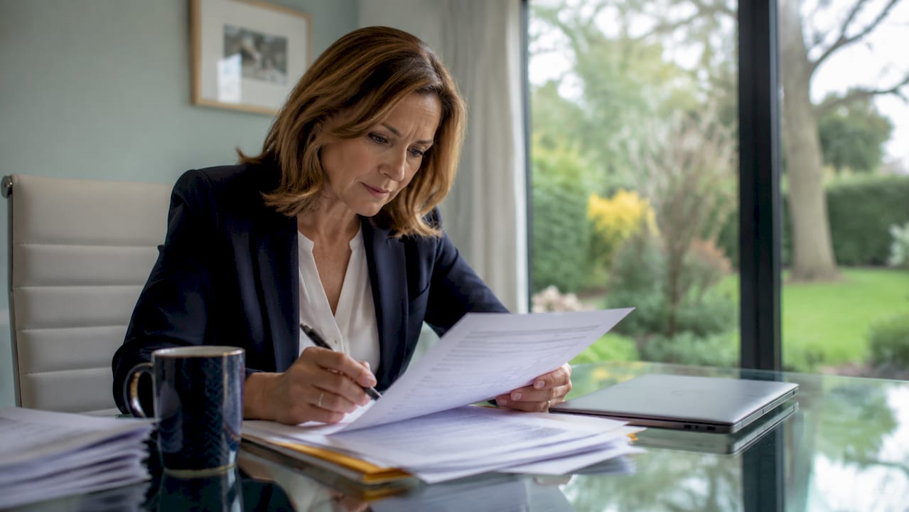 Woman reviewing financial claim documents at desk