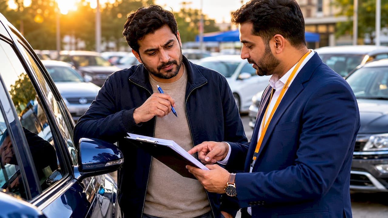 Buyer discussing commission details with dealer