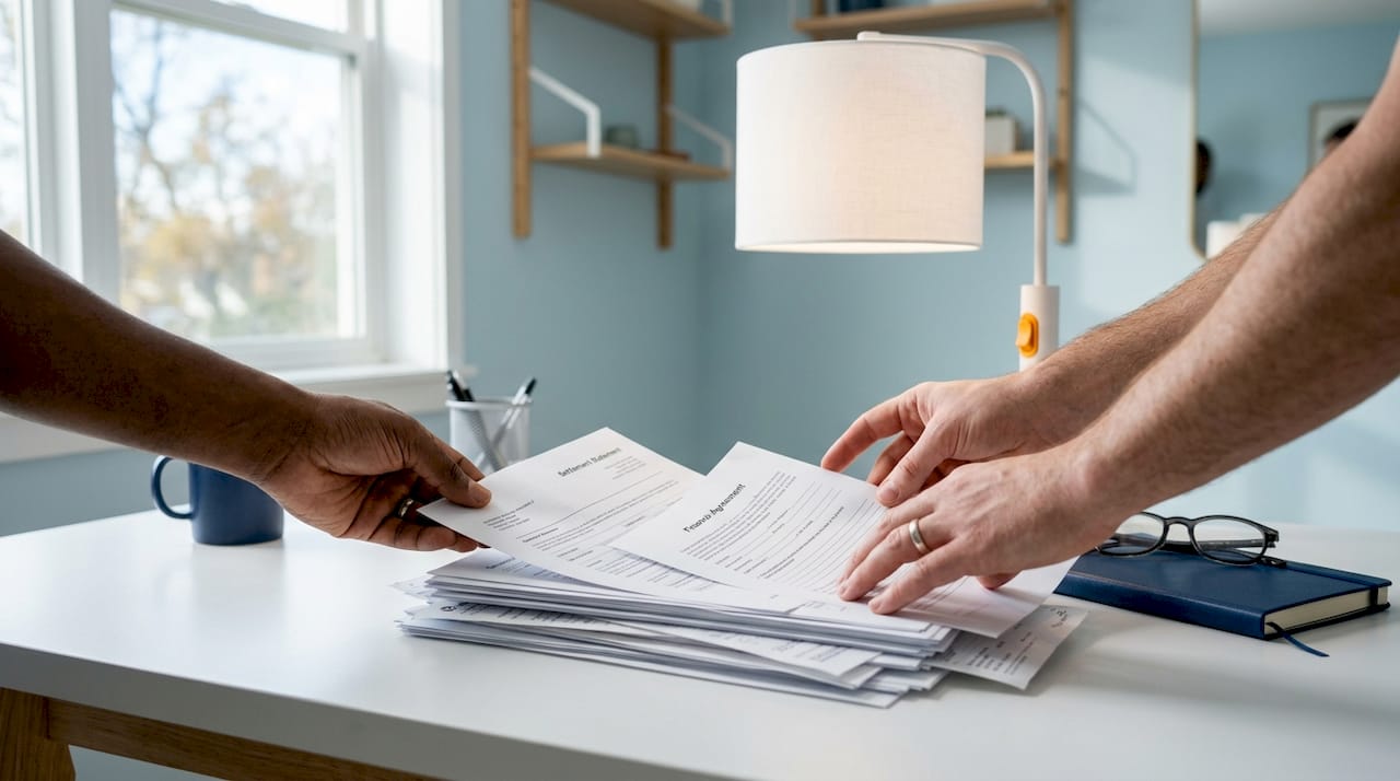 Hands sorting legal documents on desk