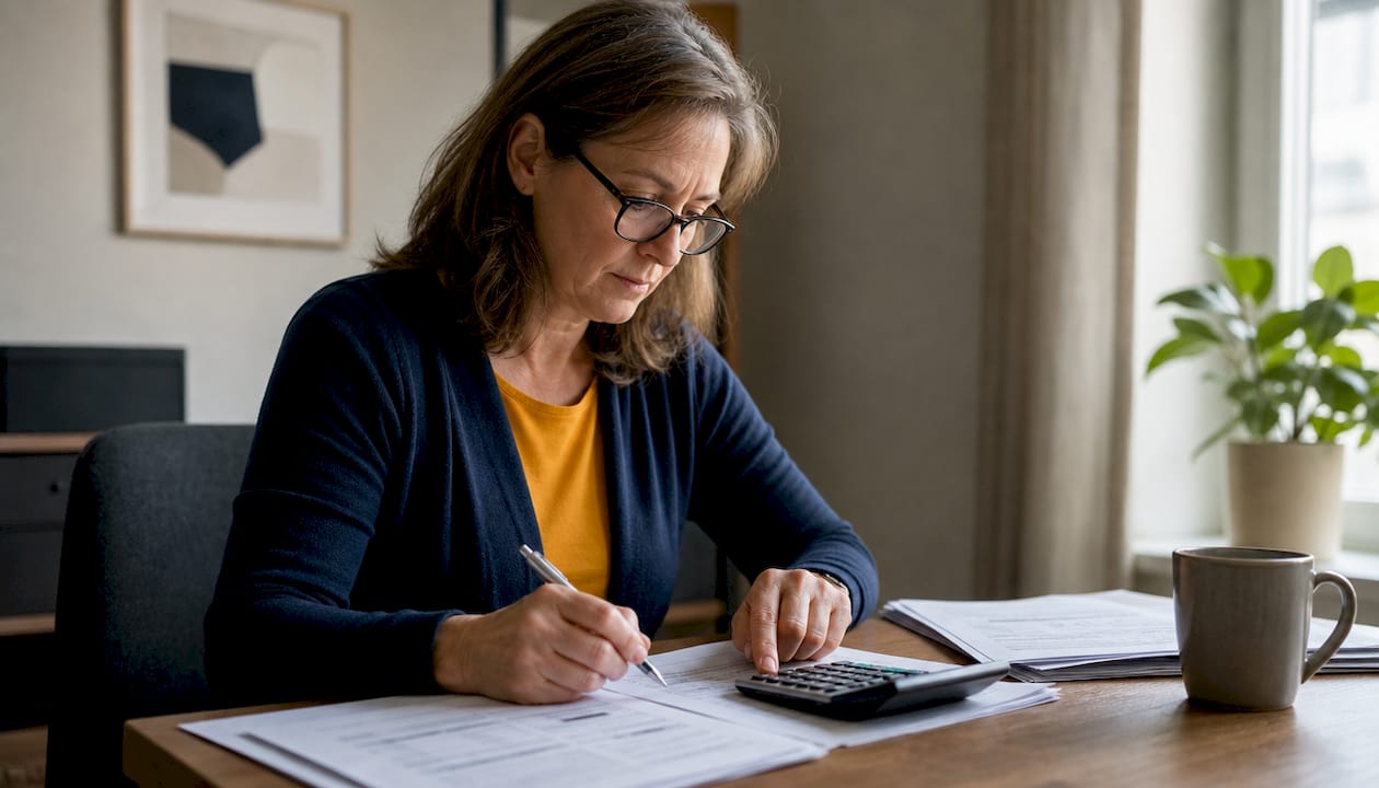 Woman reviewing car finance documents at kitchen table