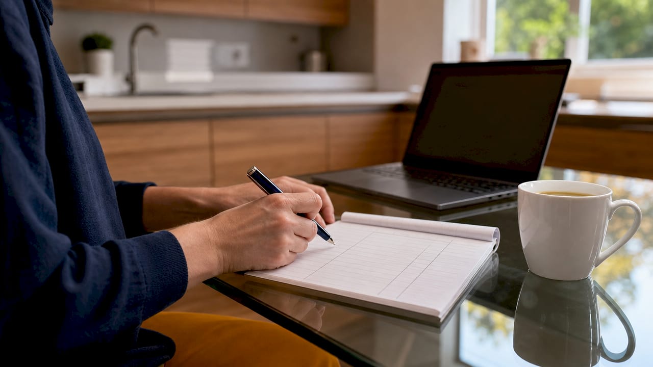 Hands writing monthly budget on notebook at desk
