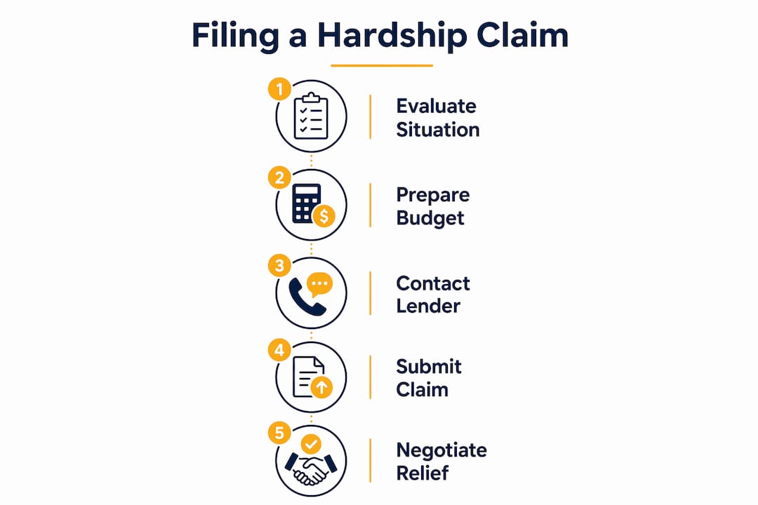 Infographic showing steps to file a hardship claim