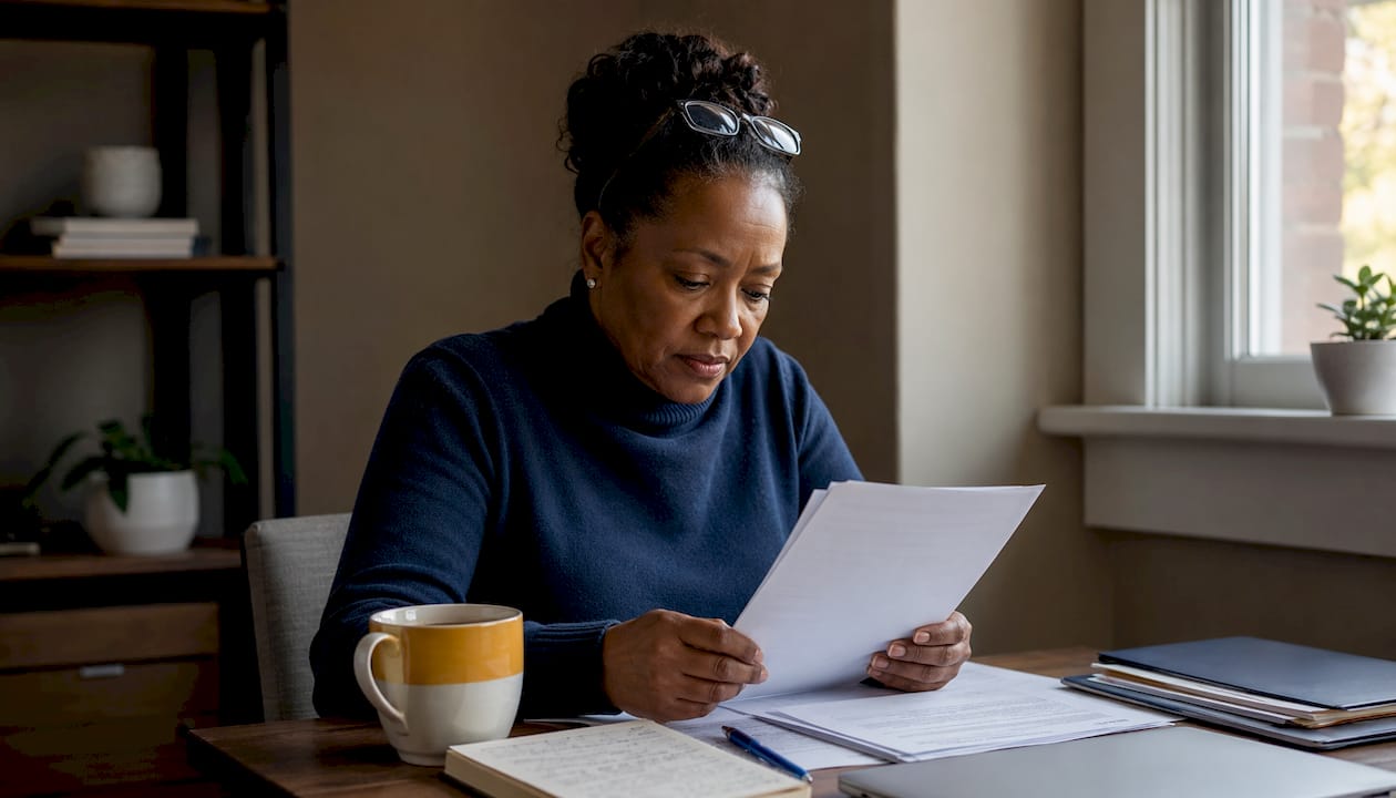 Woman reviewing car finance documents at table