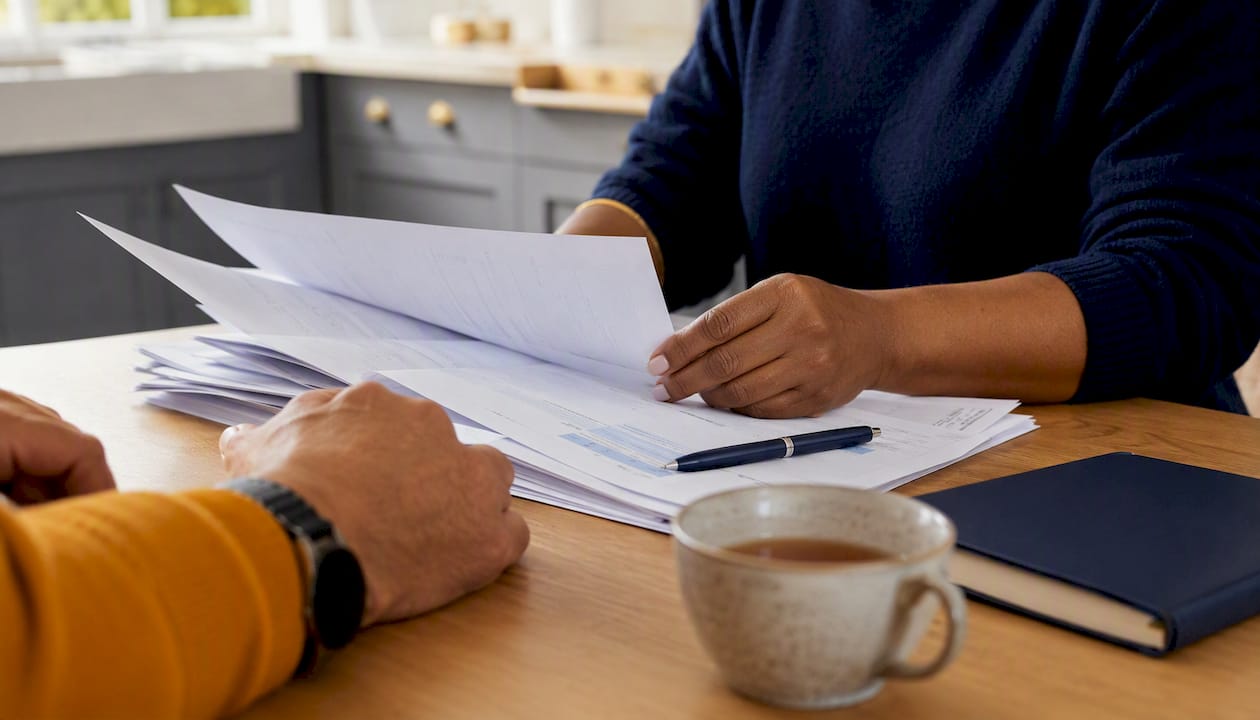 Hands examining car finance paperwork on table