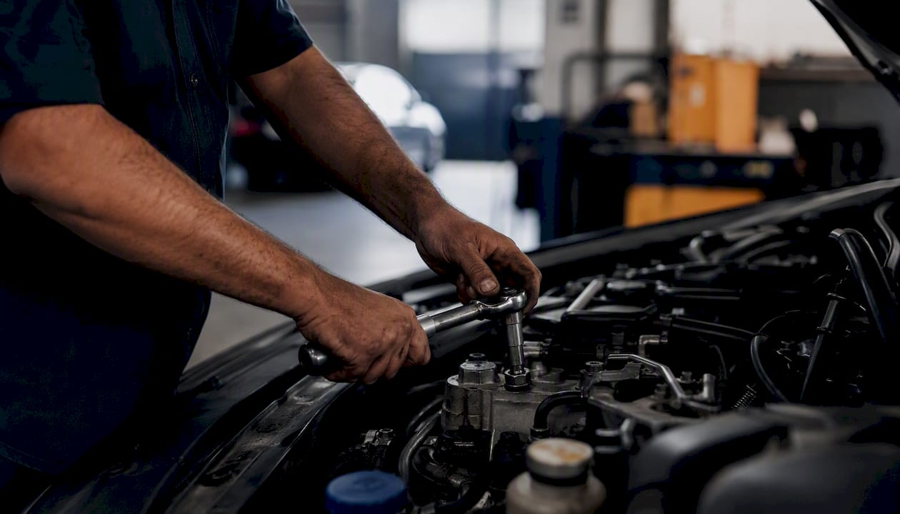 Hands tightening car part with wrench