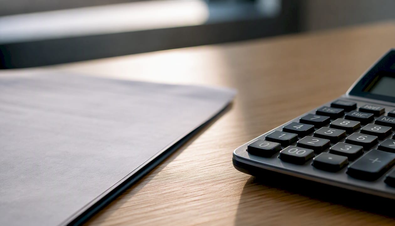 Calculator beside blurred finance contract edge