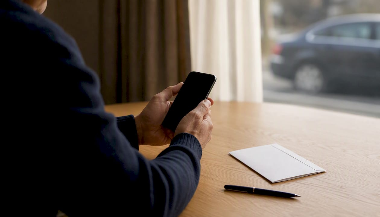 Hands holding smartphone near blank complaint letter
