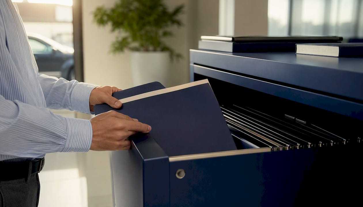 Hands filing financial agreement folder in office drawer