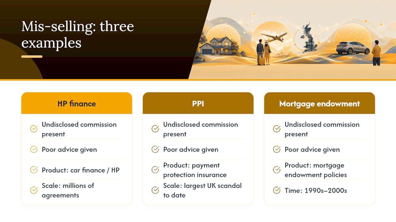 Comparison of three UK finance mis-selling types