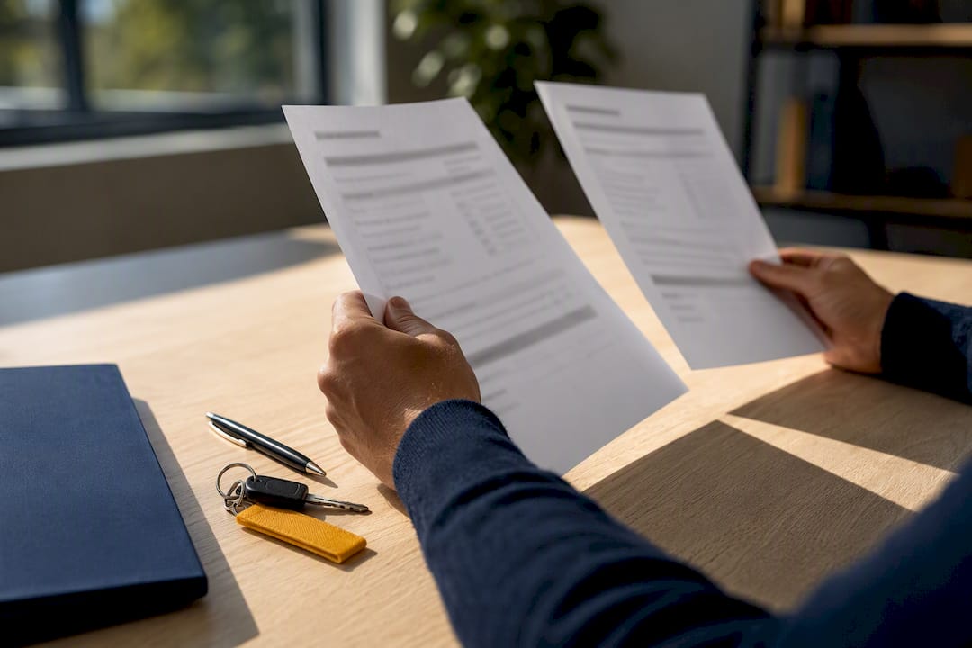 Hands checking anonymised finance agreement