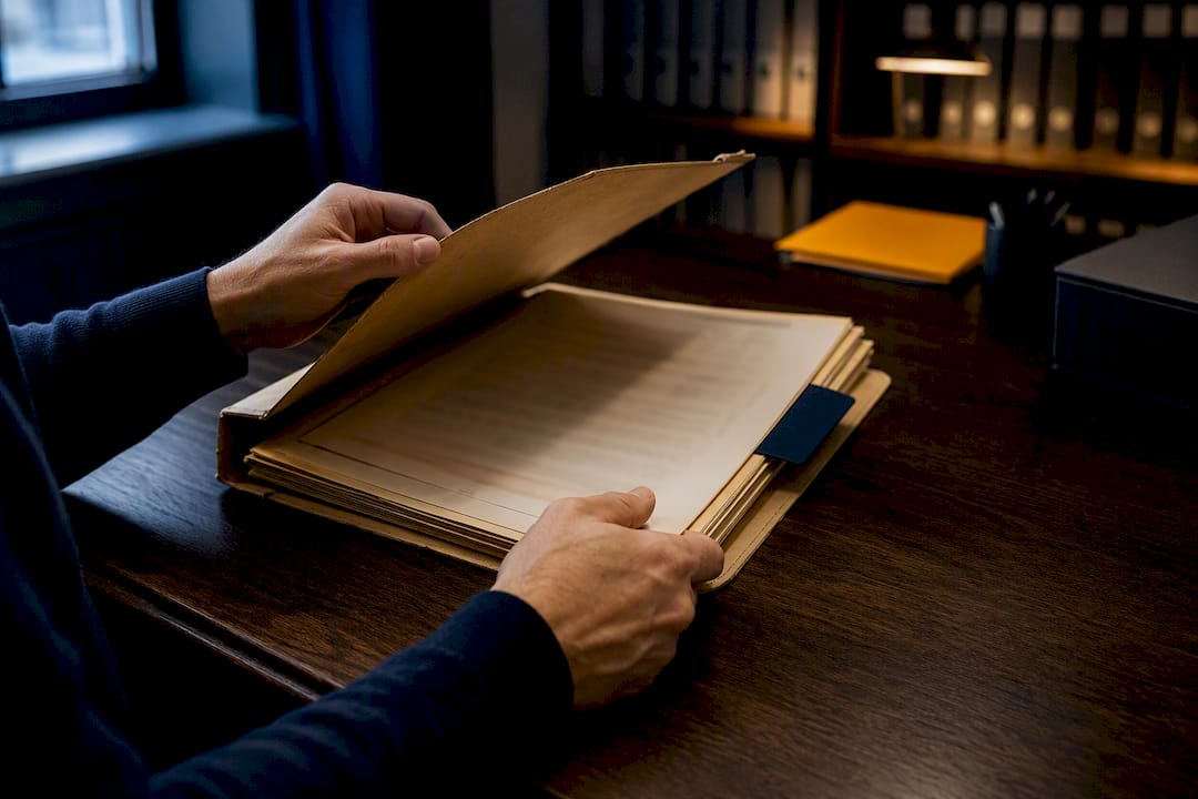 Hands reviewing an old finance agreement
