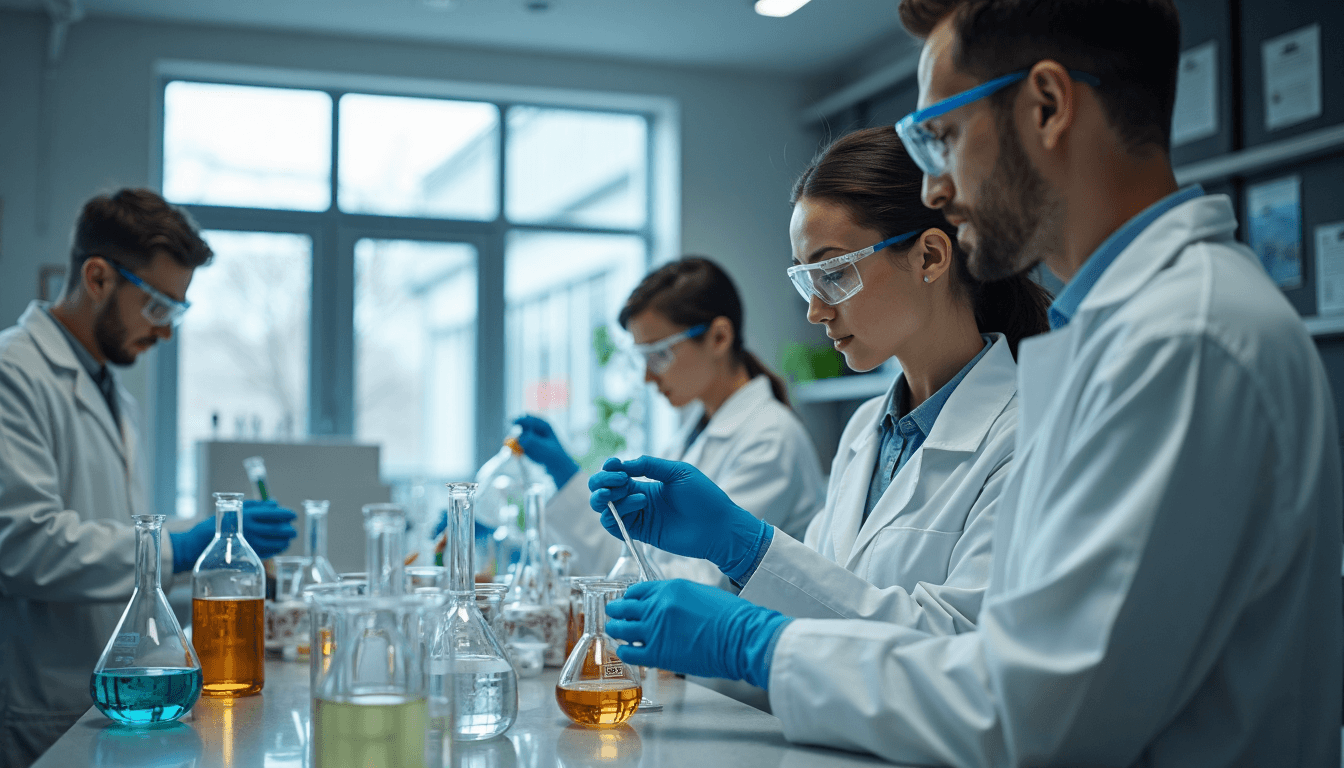 Scientists in protective gear in a bright lab with 'Chemical Hazards' poster