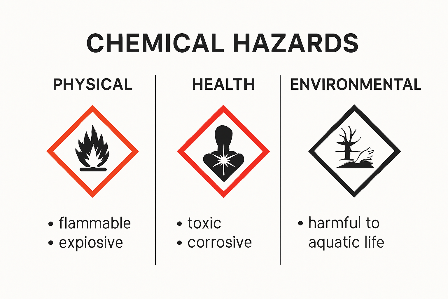 Types of chemical hazards infographic showing categories with icons and examples