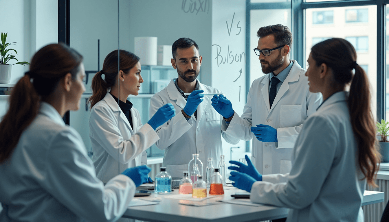 Laboratory researchers examining toxins and poisons with text on glass wall