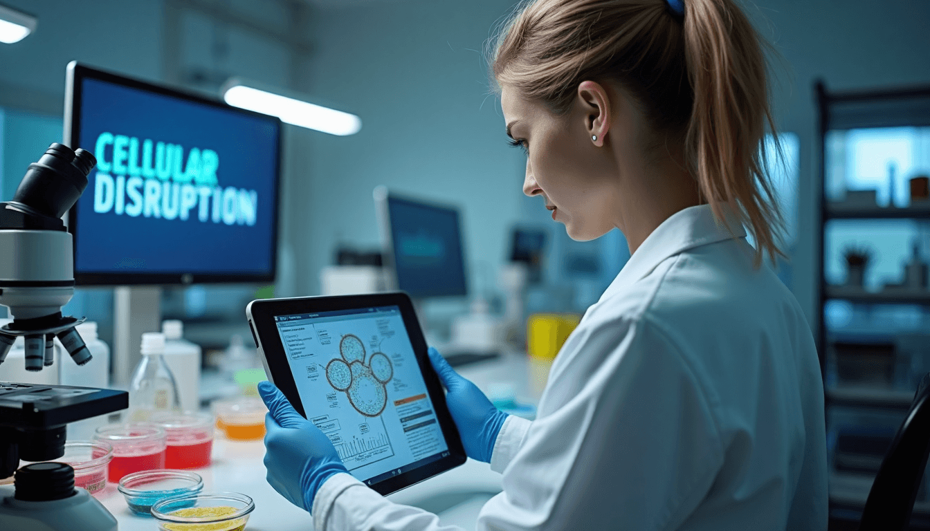 Scientist in bioscience lab reviewing cellular disruption data on screen