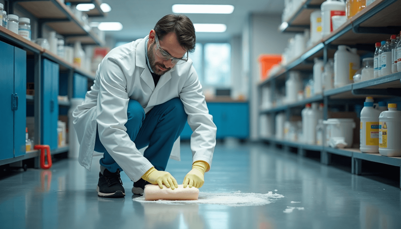 Scientist containing chemical spill on lab floor using proper equipment