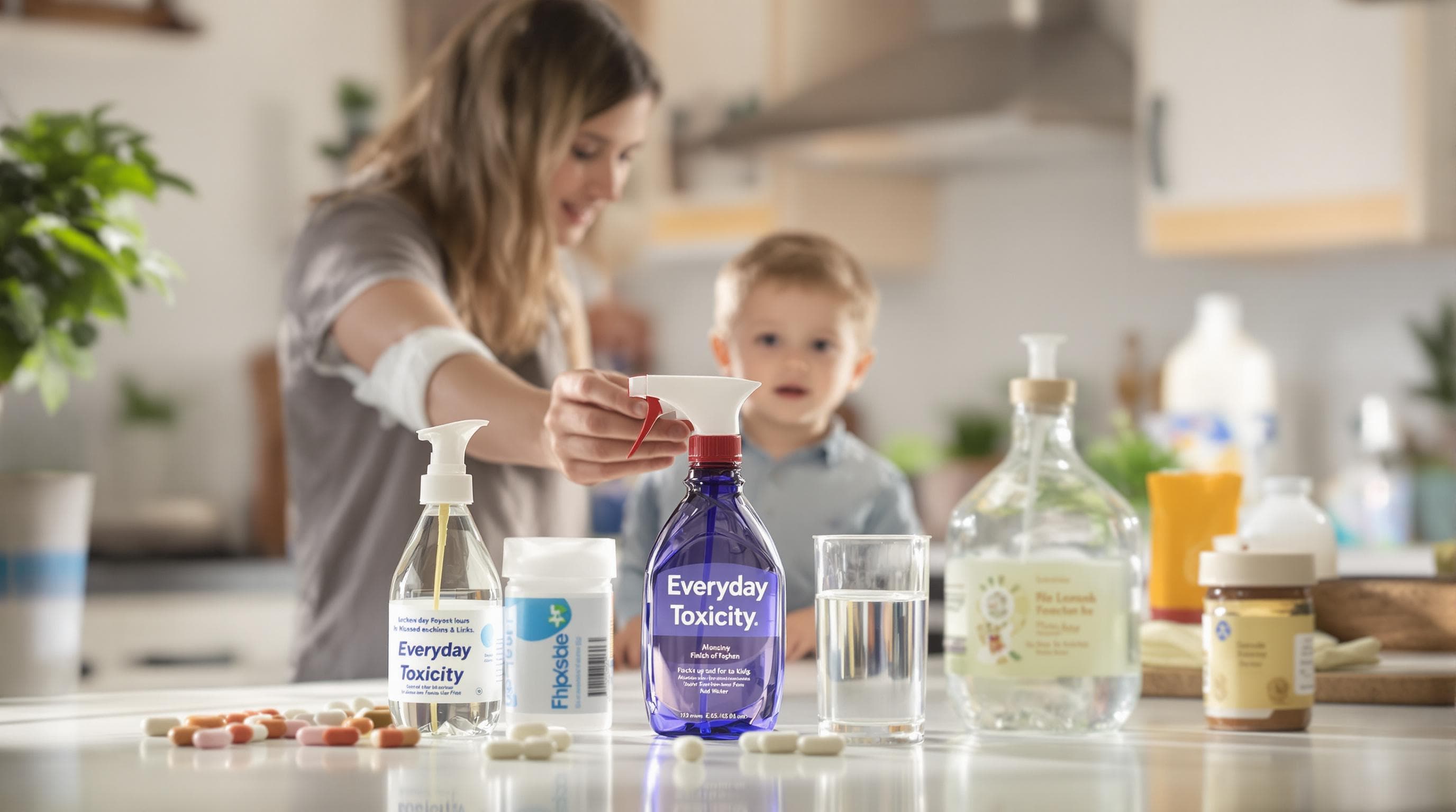 Parent warns child about dangers of household products in sunlit kitchen