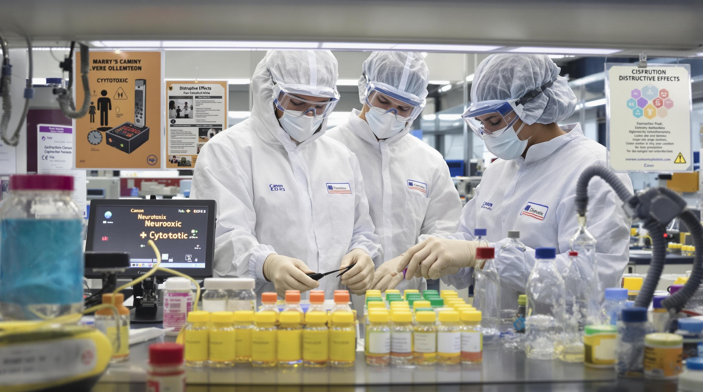 Researchers handle toxic chemical vials with 'Disruptive Effects' on monitor