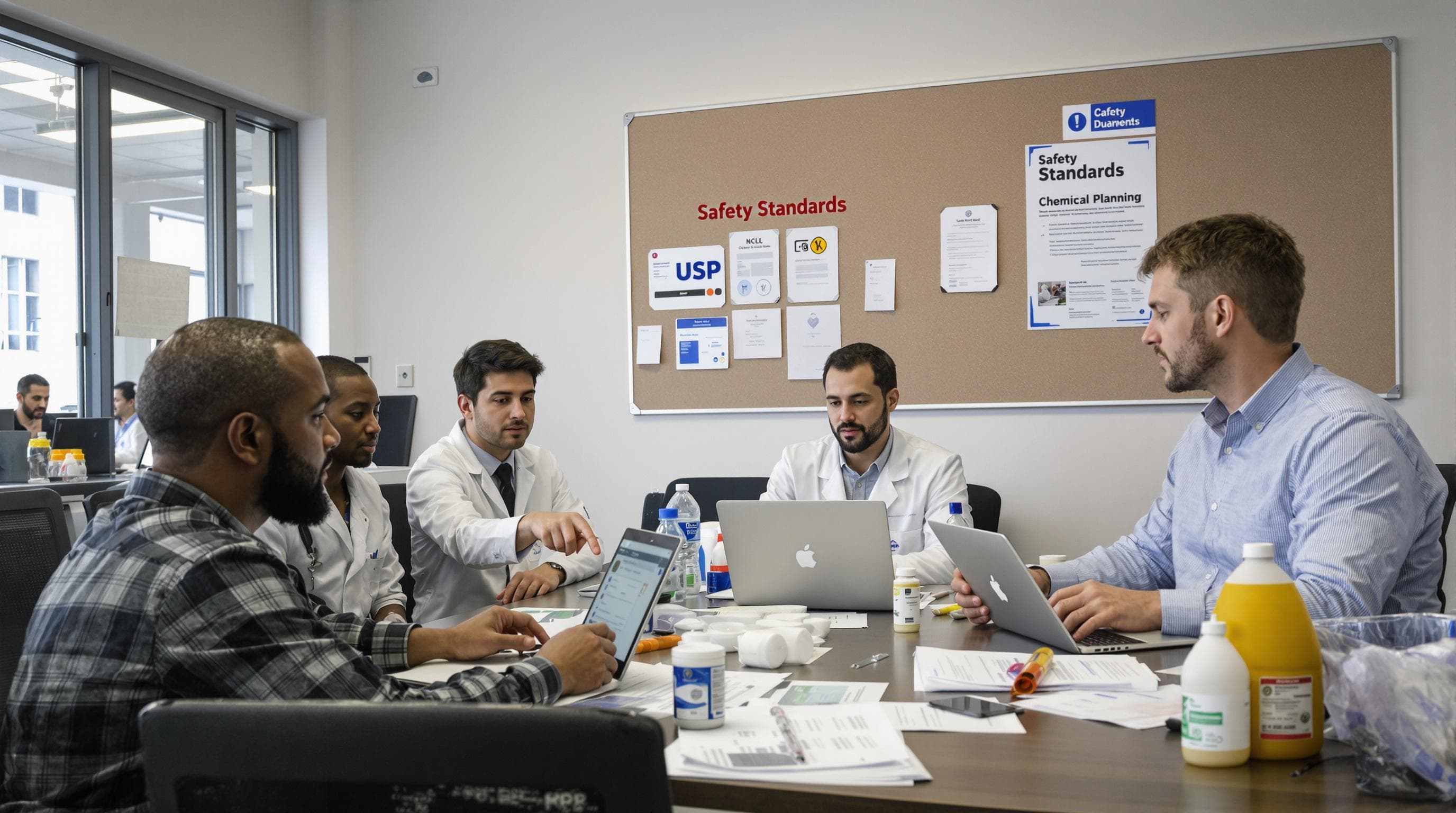 Team reviewing chemical safety data with 'Safety Standards' notice