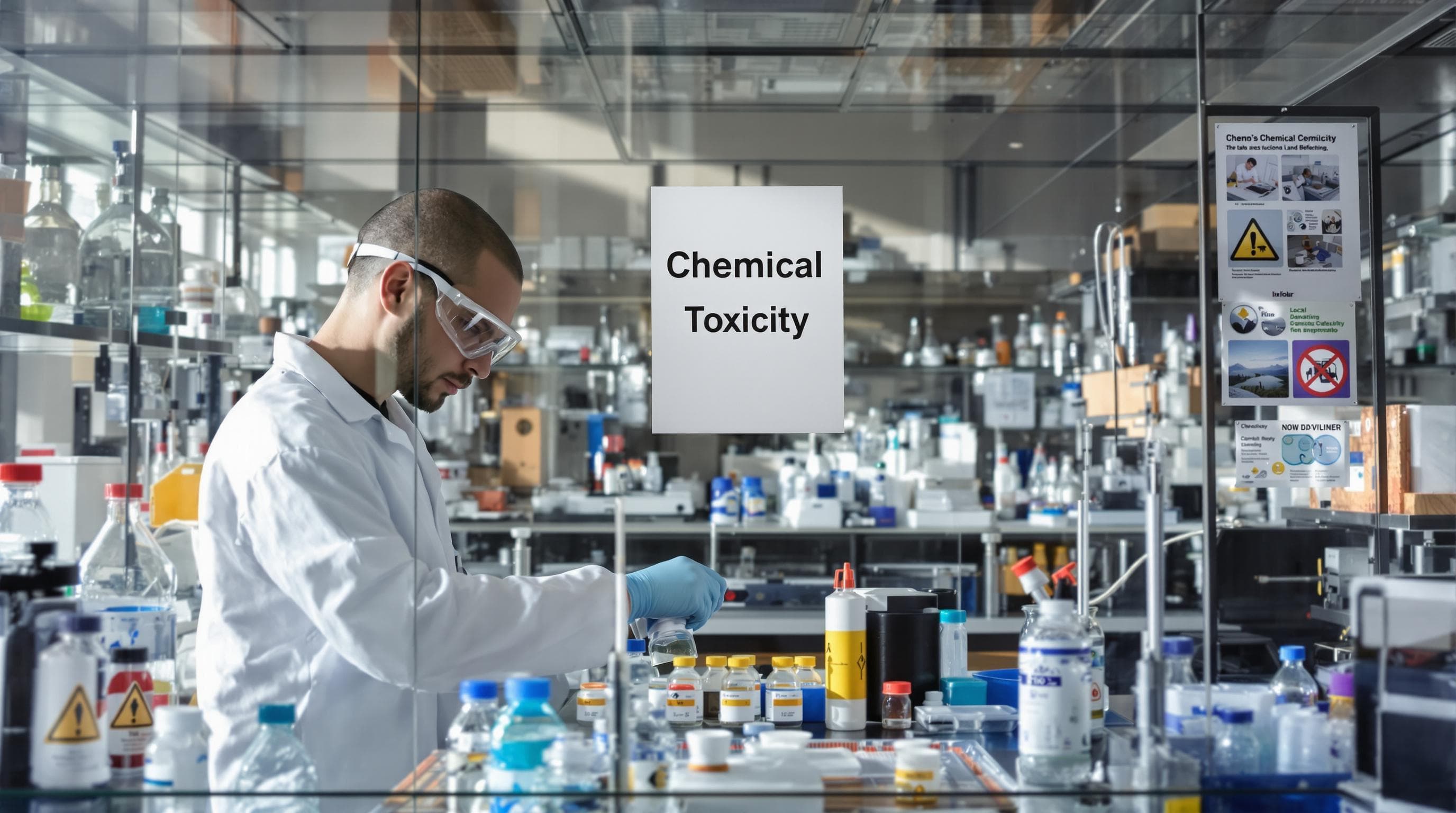 Scientist in lab examining chemicals with 'Chemical Toxicity' poster