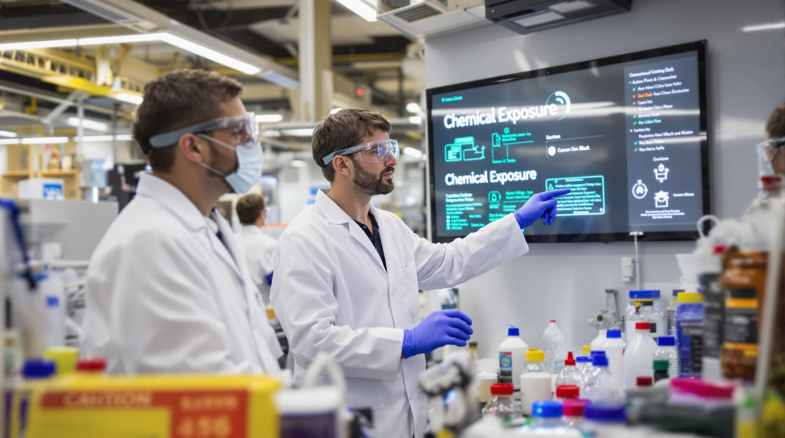 Scientists collaborating in a lab, highlighting chemical exposure safety