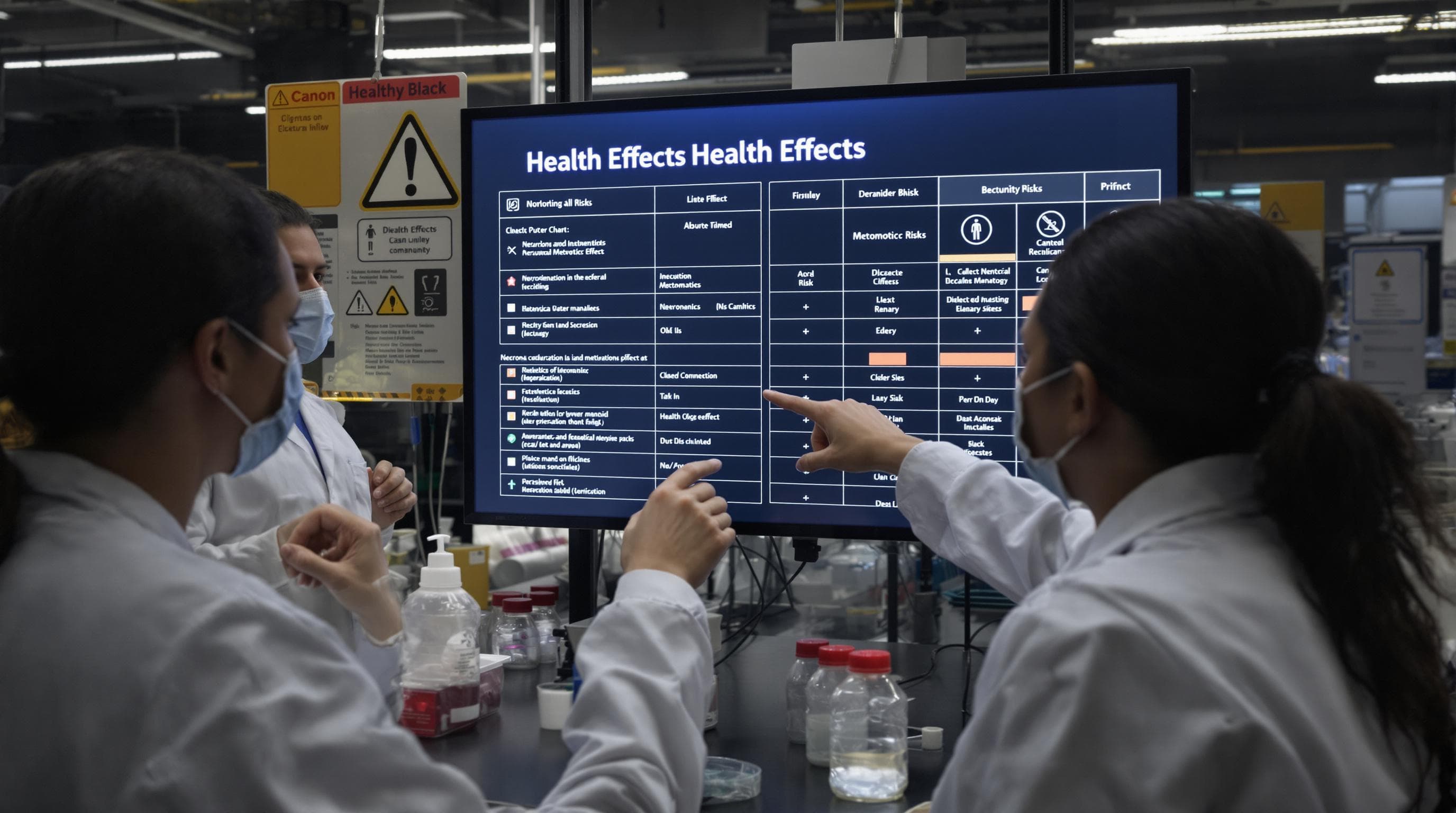 Lab technicians analyzing chemical health effects and exposure risks