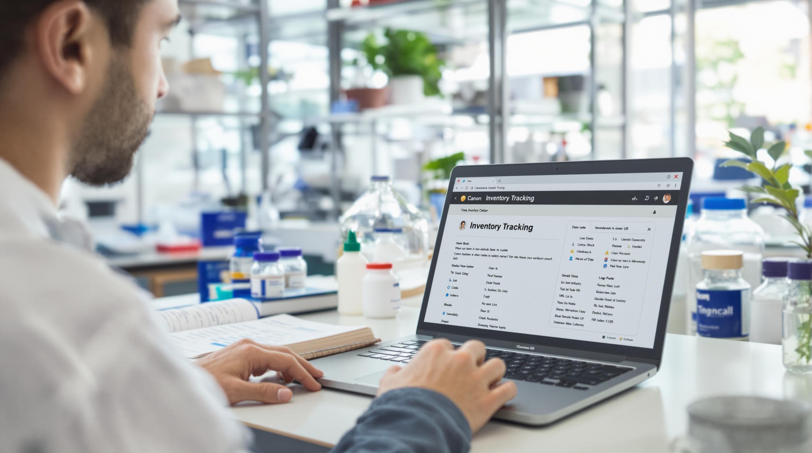 Scientist manages chemical inventory with logbook and digital tracking