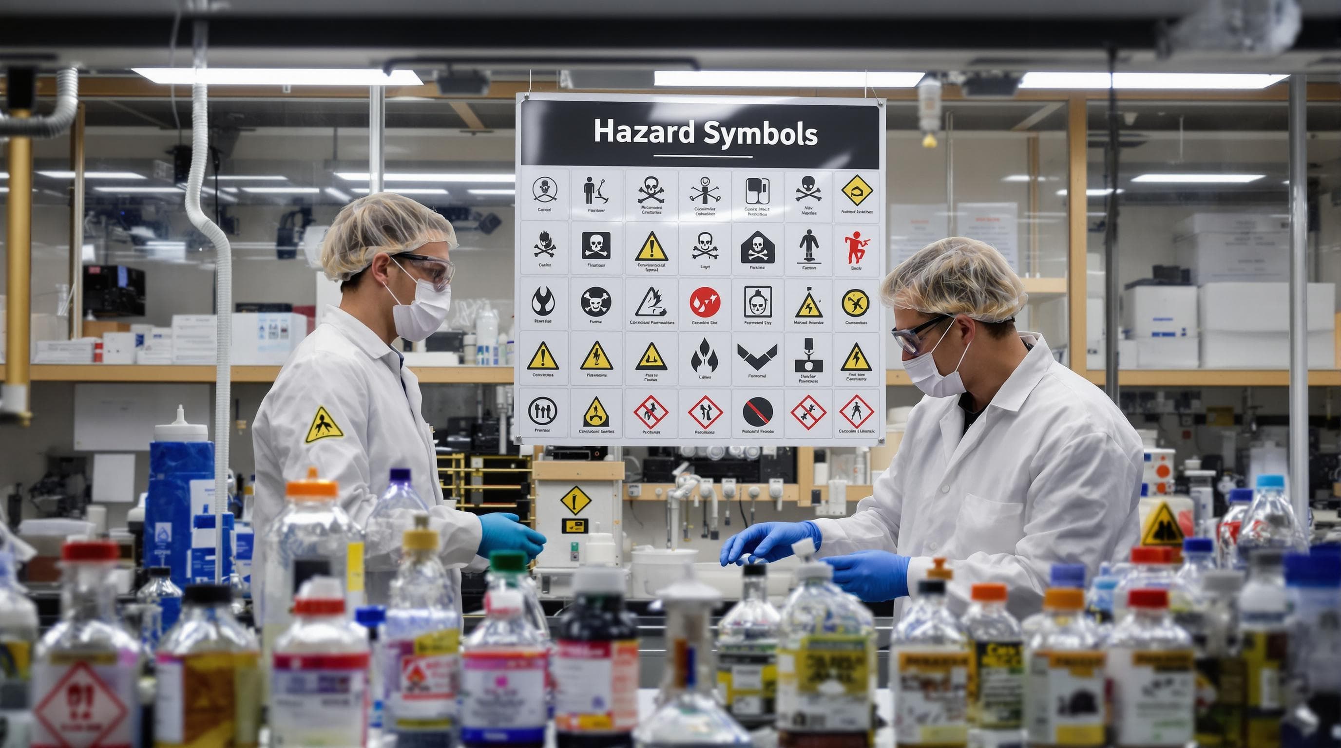 Scientists discuss chemical safety with hazard symbols and labels