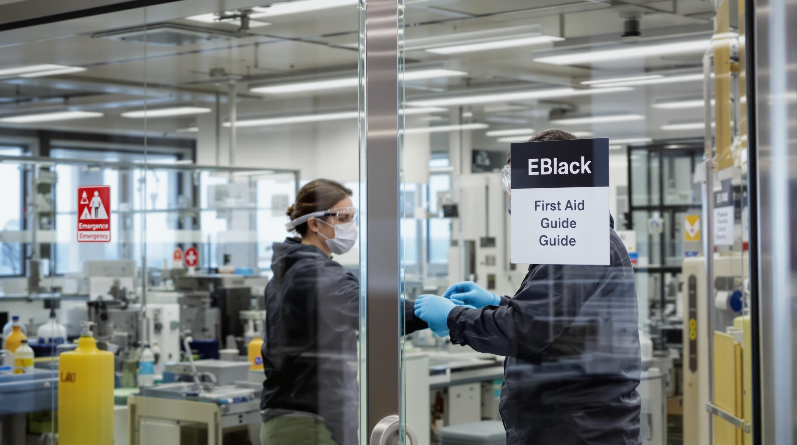 Scientist helps colleague after lab chemical spill with visible 'First Aid Guide' sign