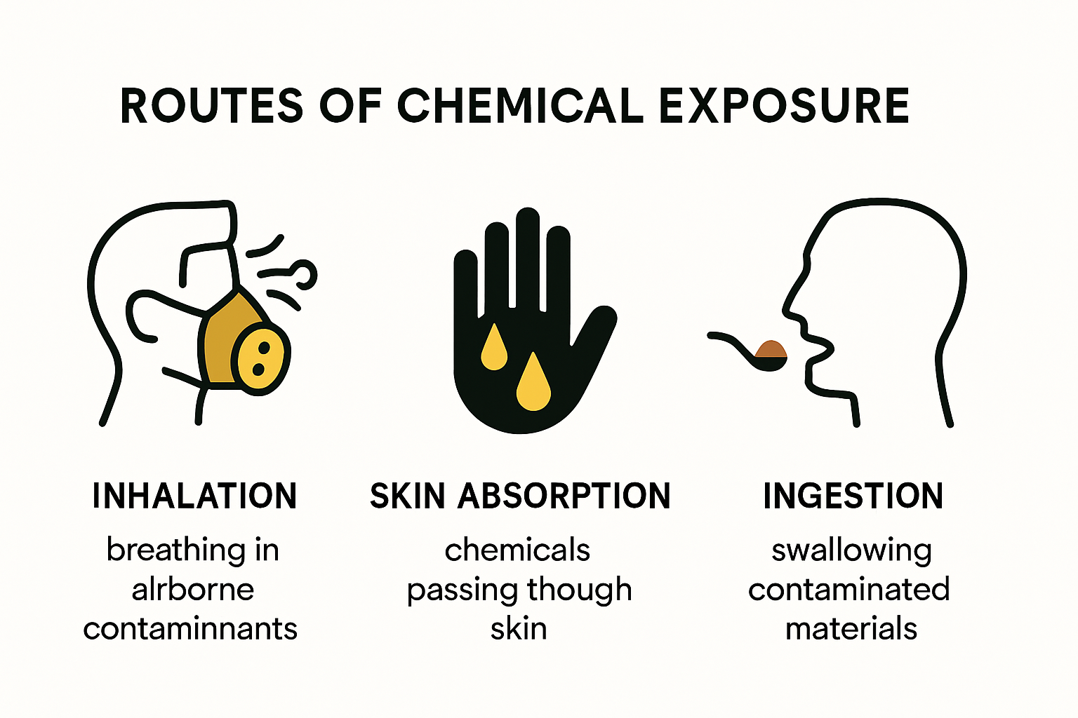 Infographic showing chemical exposure routes: inhalation, skin, ingestion