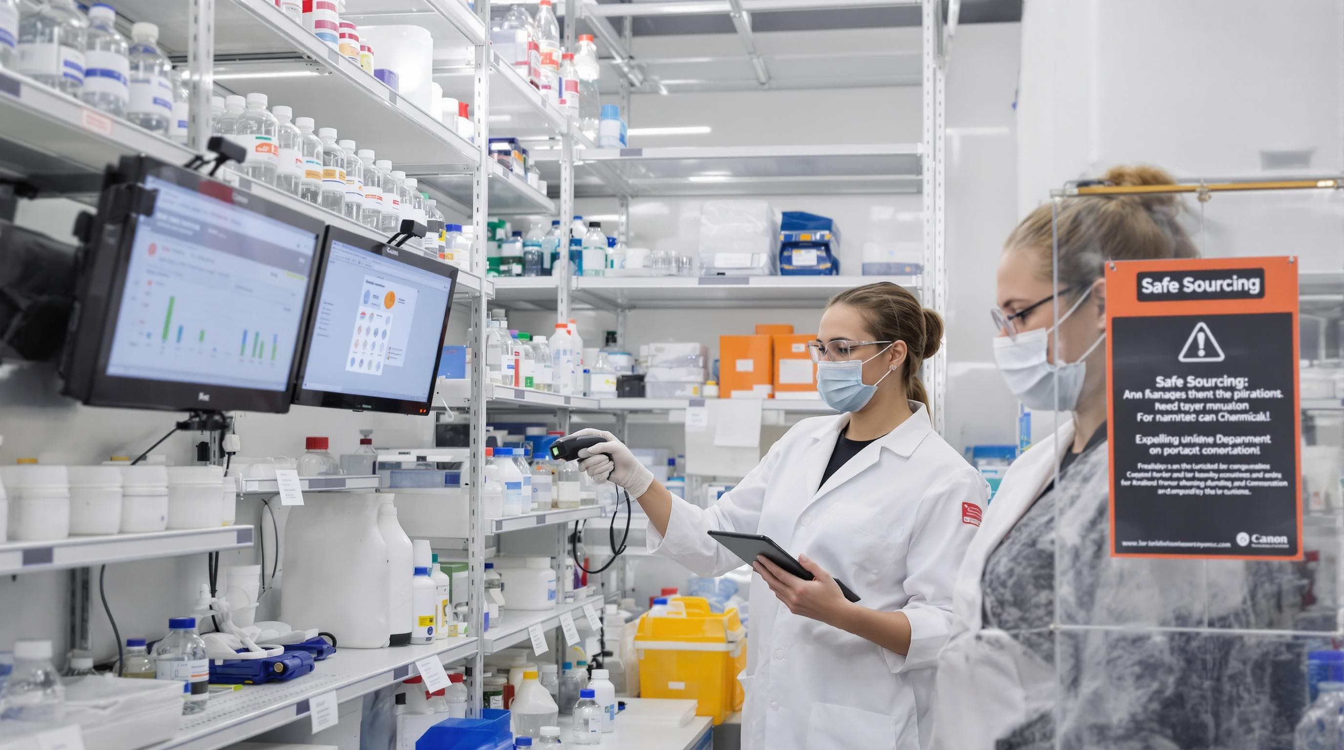 Technicians managing chemical inventory with safe sourcing signage visible