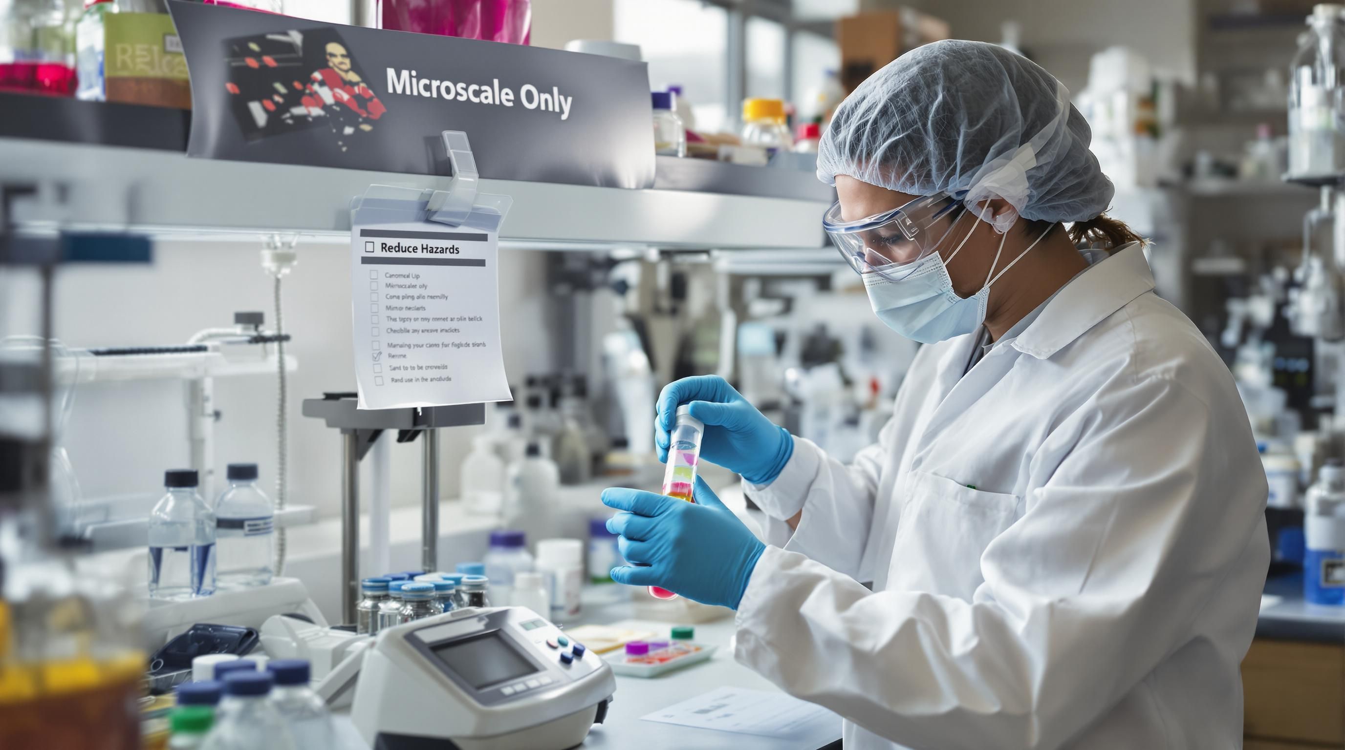 Scientist measuring minimal chemicals with a 'Microscale Only' checklist
