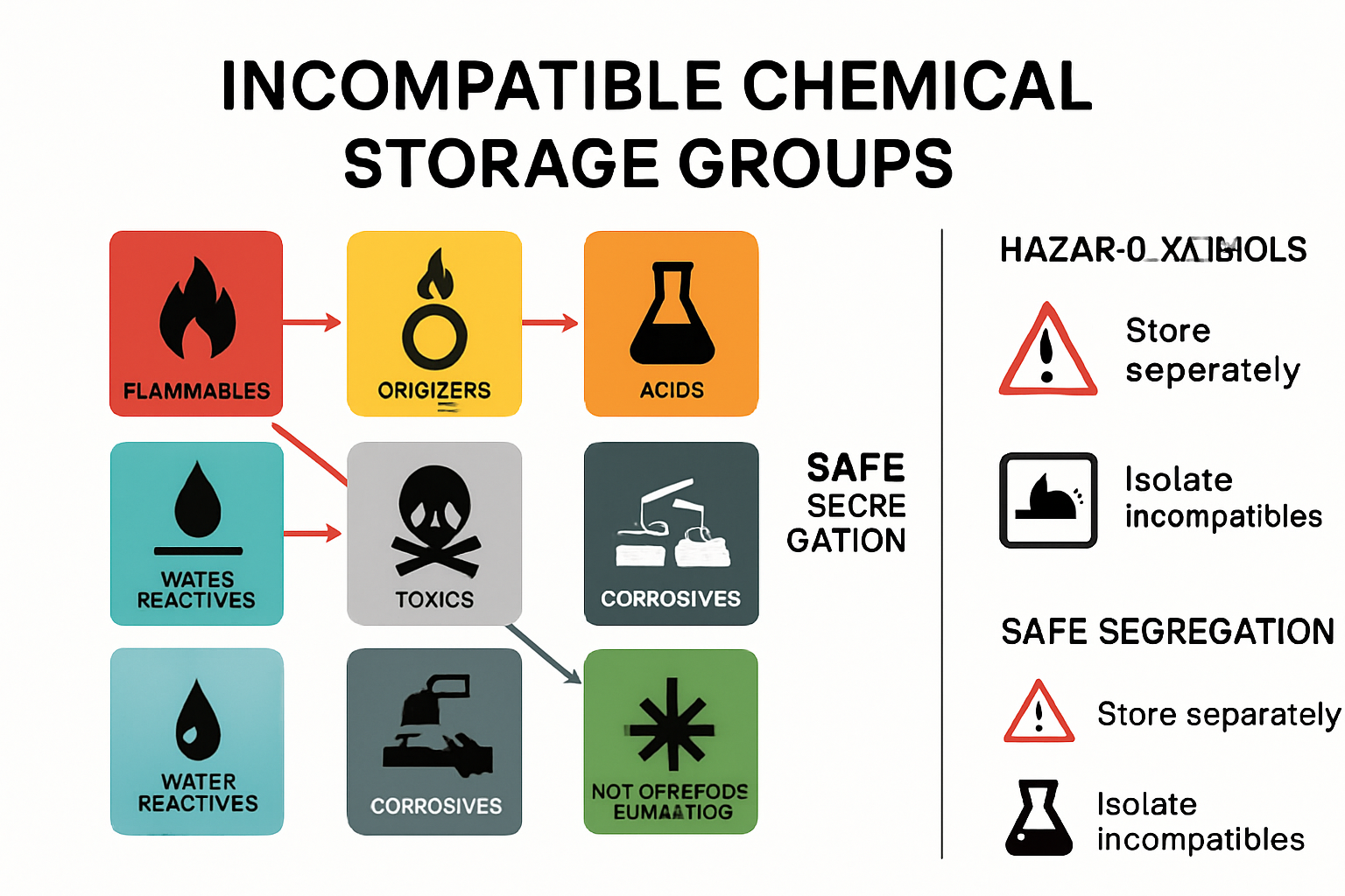 Incompatible chemical storage infographic with categories and arrows