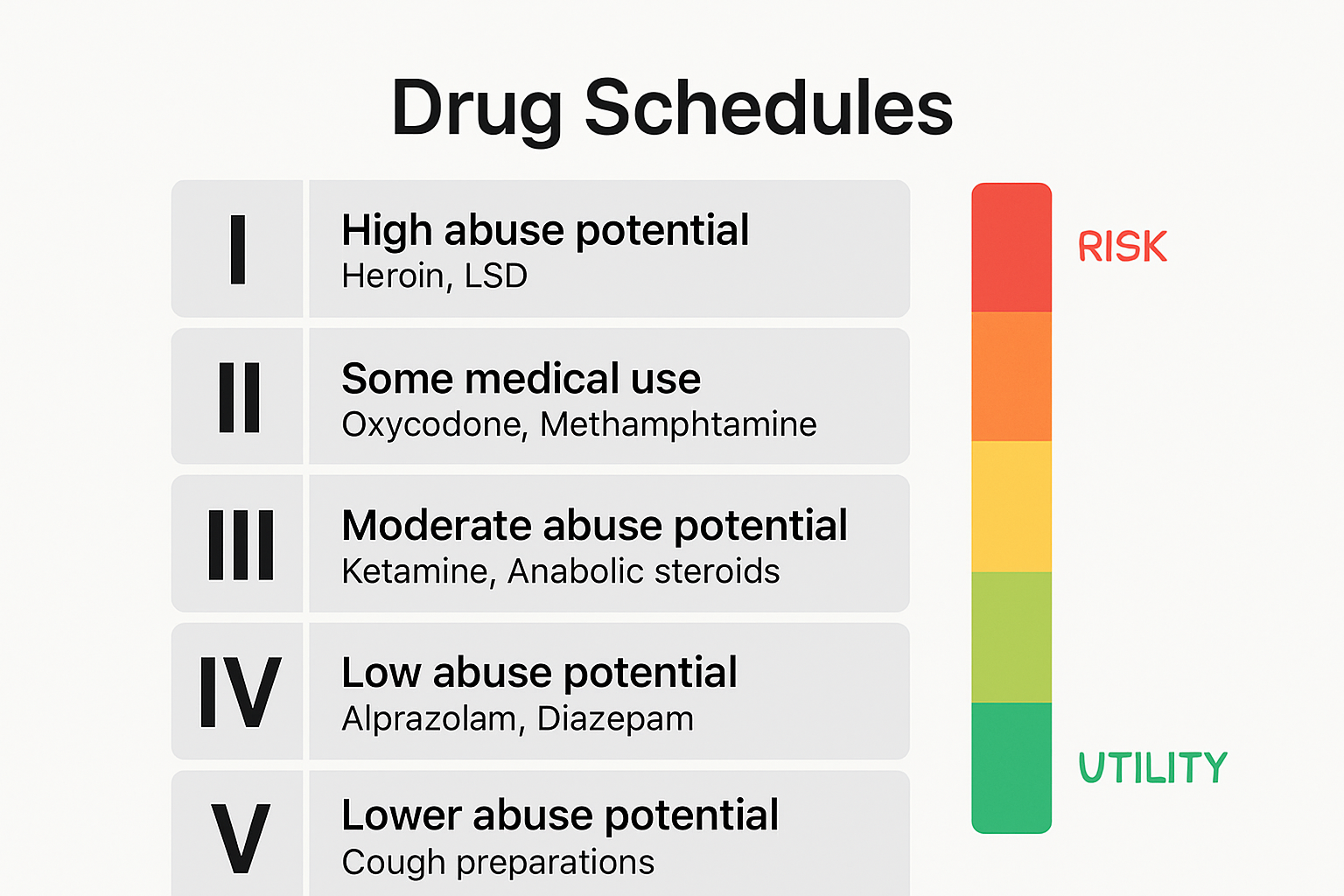 Chart showing five schedules of controlled substances and examples