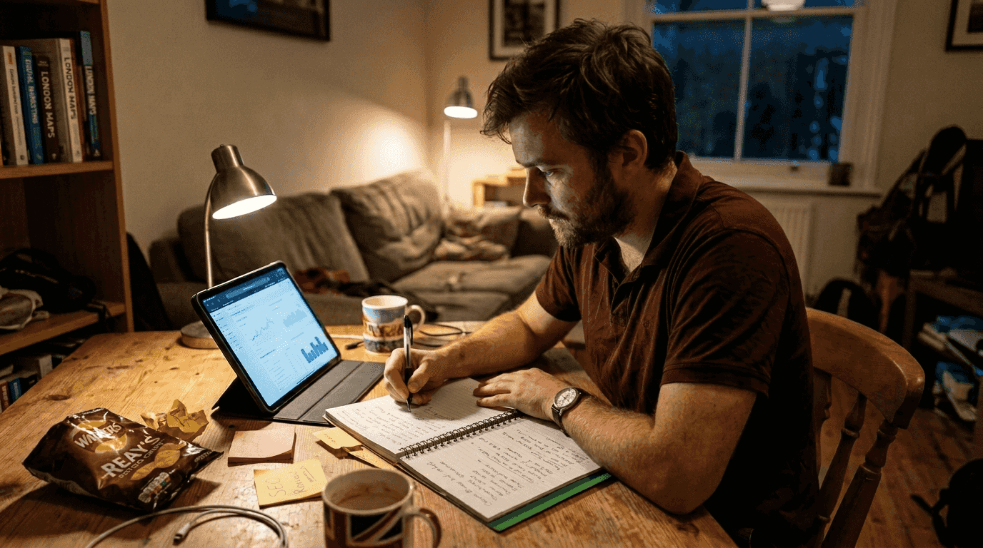 Man brainstorming ecommerce keywords at table