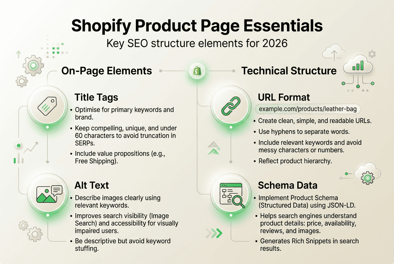 Infographic of Shopify page key SEO elements