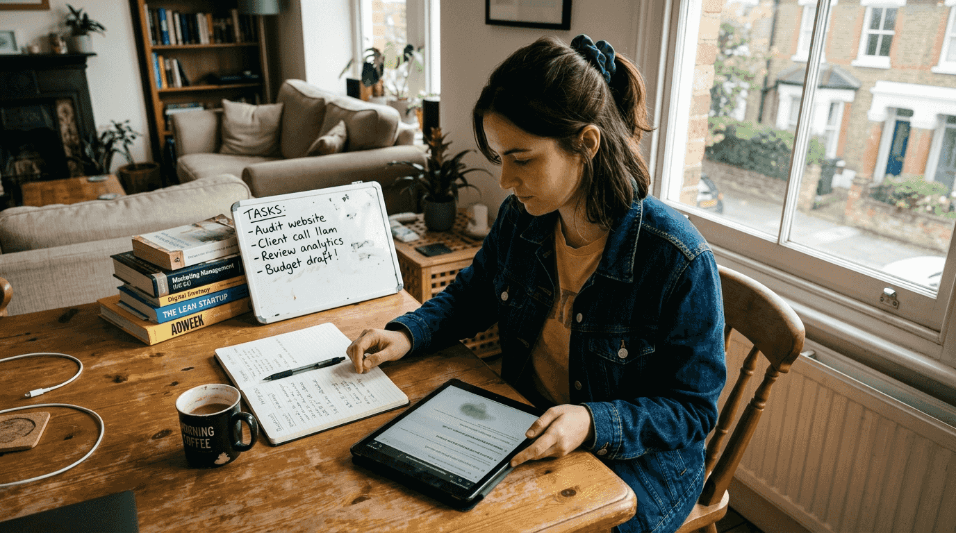 Woman analysing website URLs at dining table