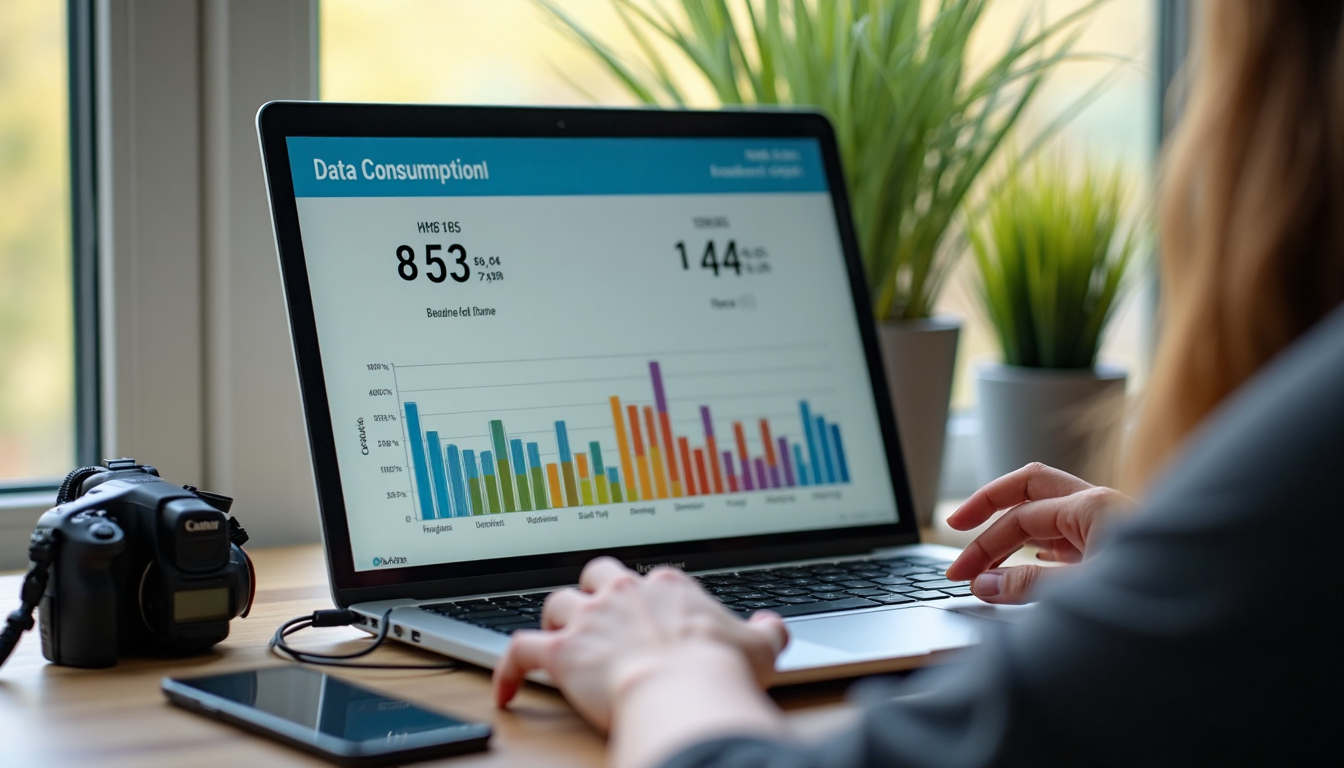 Person reviews UHD vs HD streaming data on laptop