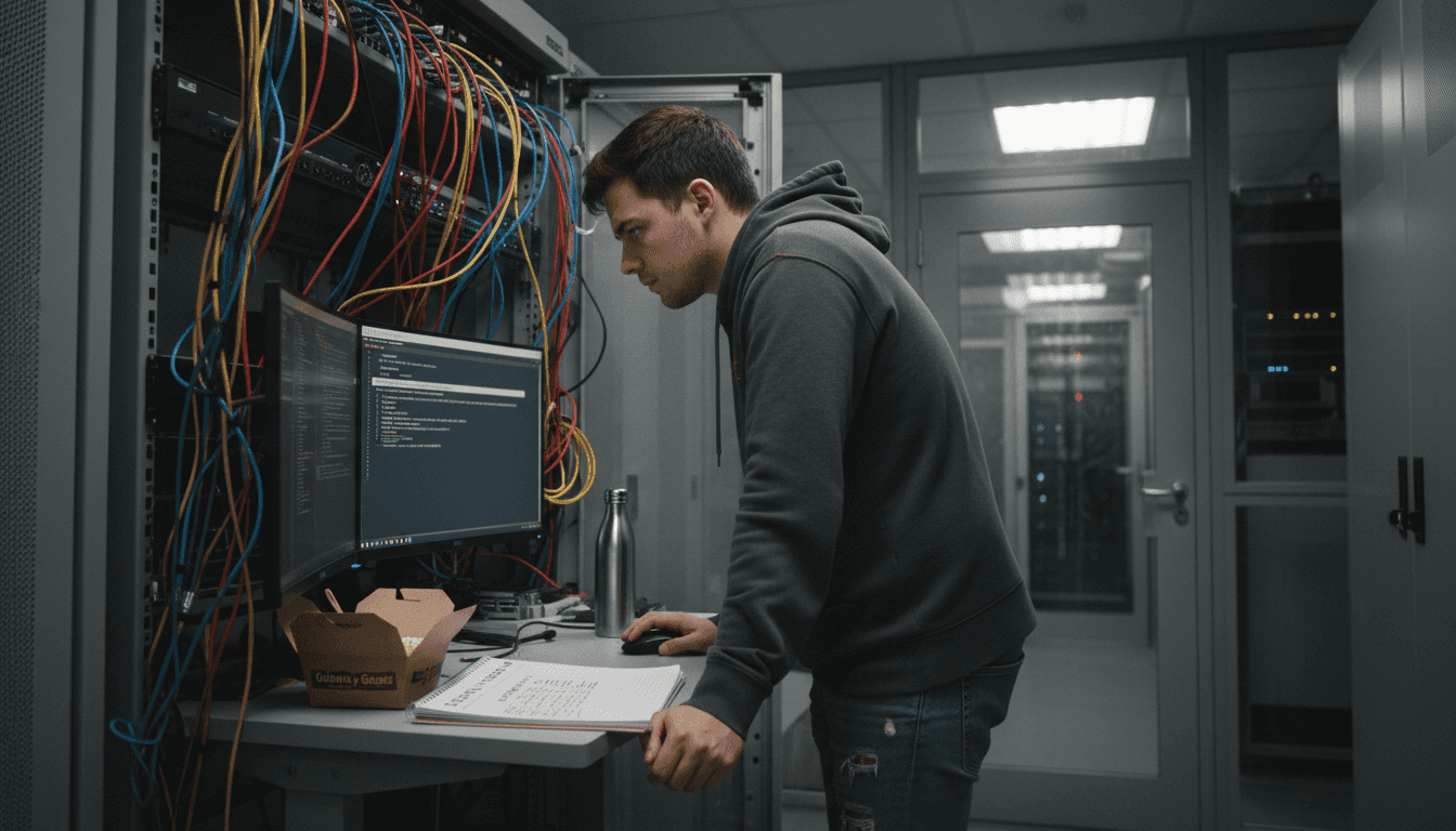 Technician doing WooCommerce maintenance in server room
