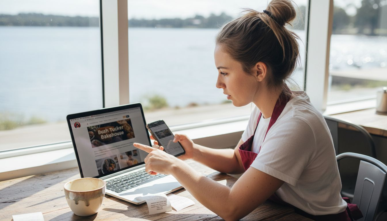 Woman conducting mobile website audit in café