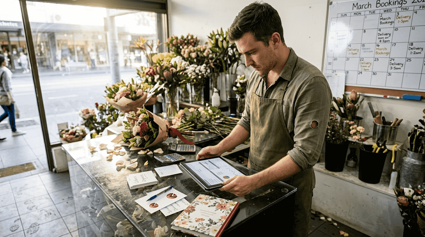 Florist checking website analytics in shop