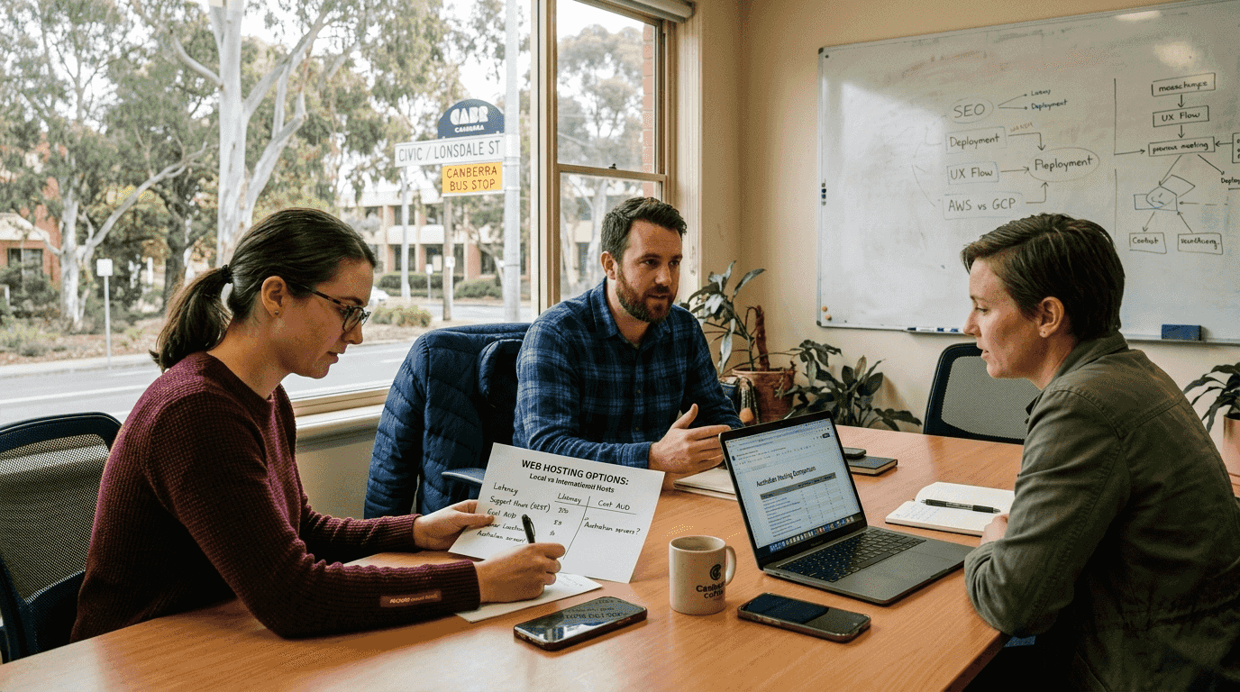 Canberra team discussing hosting providers in meeting room