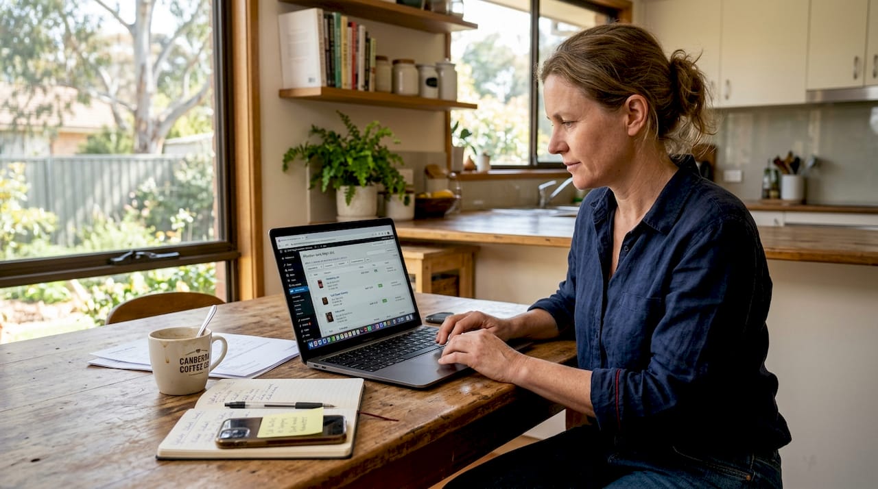 Business owner managing WooCommerce products at kitchen table