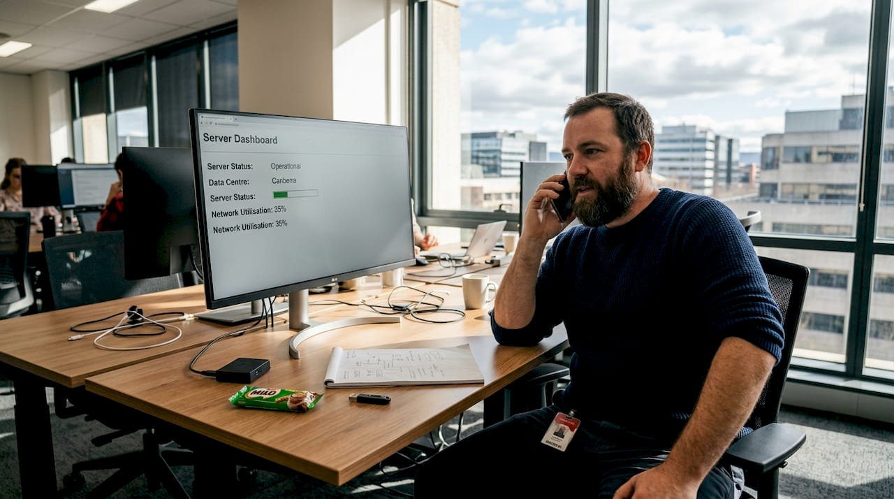 IT specialist in coworking space on client call