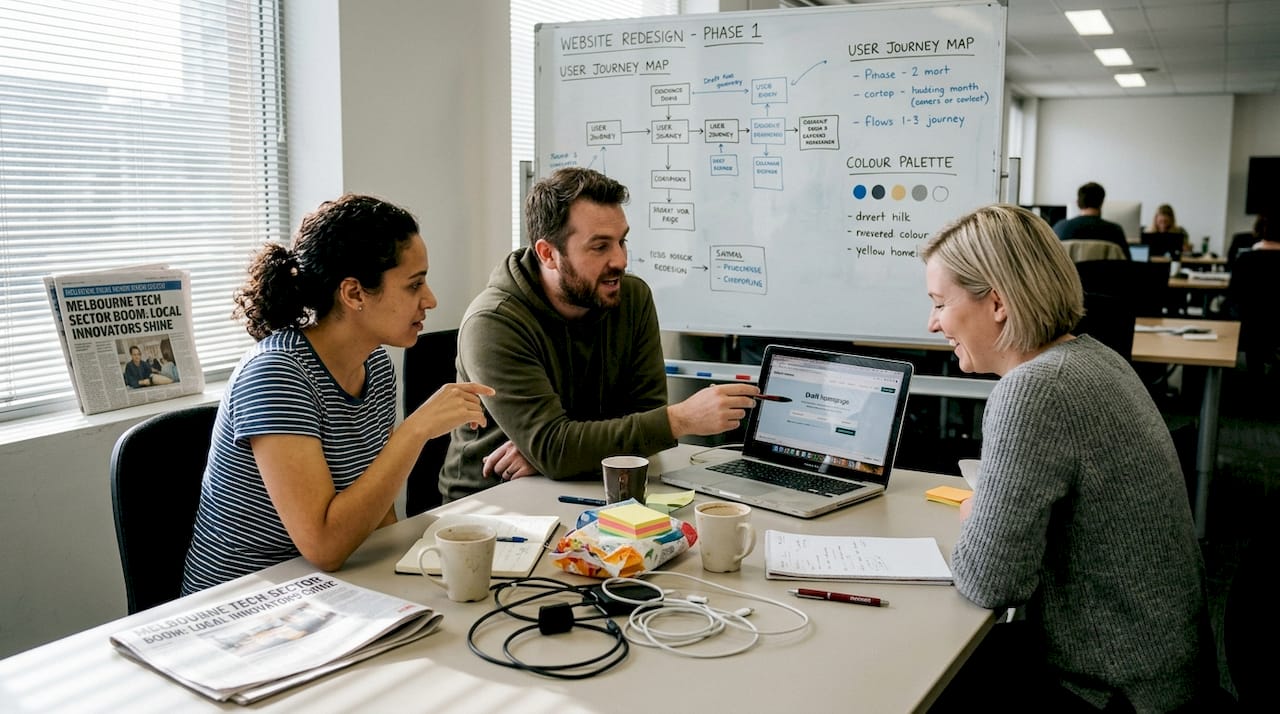 Team discussing website strategy at meeting table