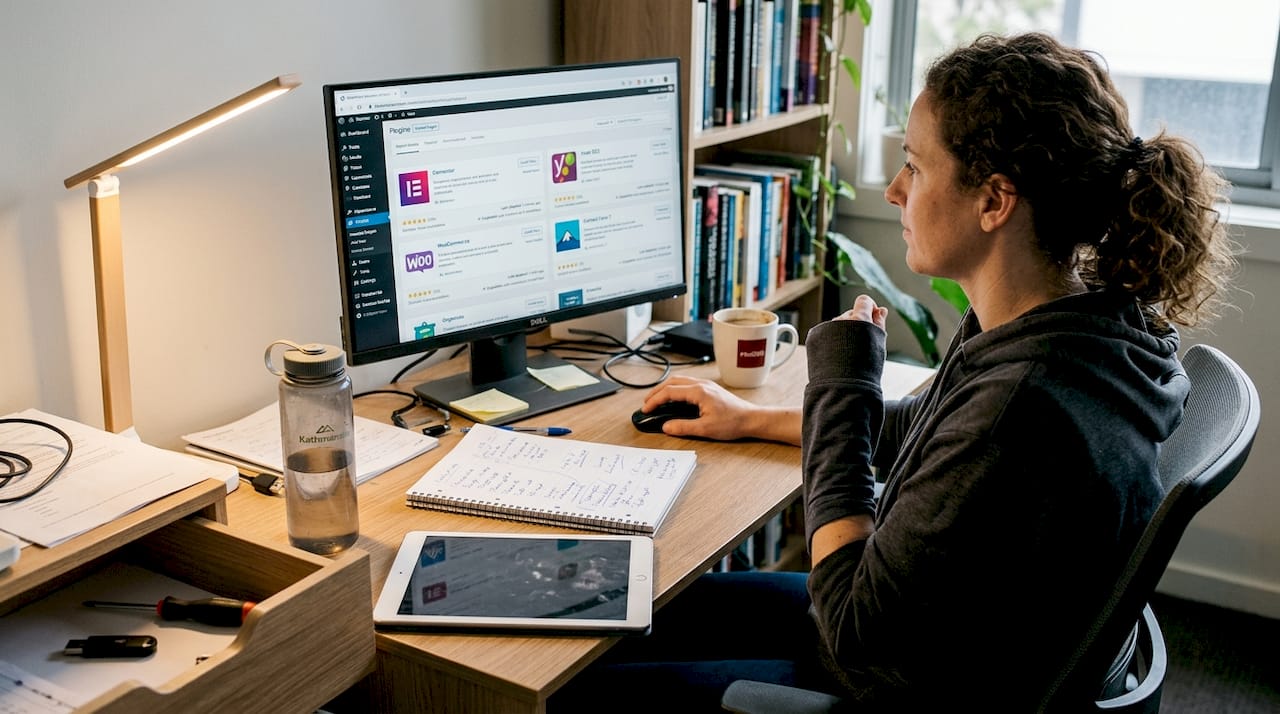 Developer installing WordPress plugins at home desk